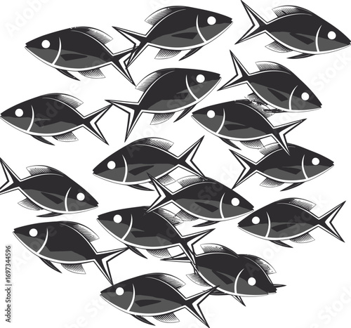 Fish Seamless Pattern Vector,  Vintage Style Illustration Set with Hipster Glasses and Mustache Shapes for Decorative Fabric Prints, Wrapping Paper, and Background Design