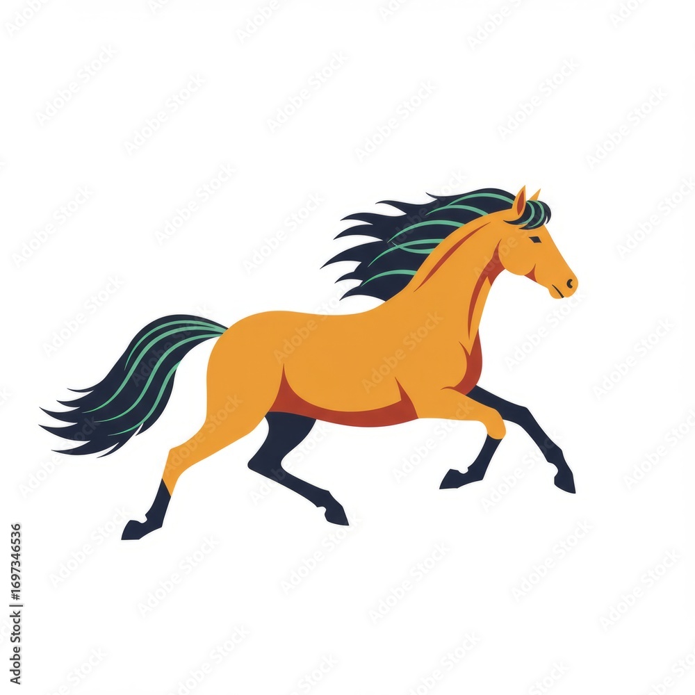 Obraz premium Flat design vector illustration of a horse on white background. Cartoon style domestic animal artwork perfect for farm, ranch, countryside, mascot, and educational design.