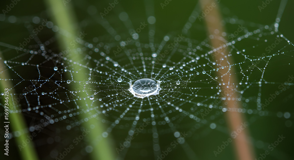 Naklejka premium Spiderweb with water droplets glistens, radiating from the center on a blurred green backdrop