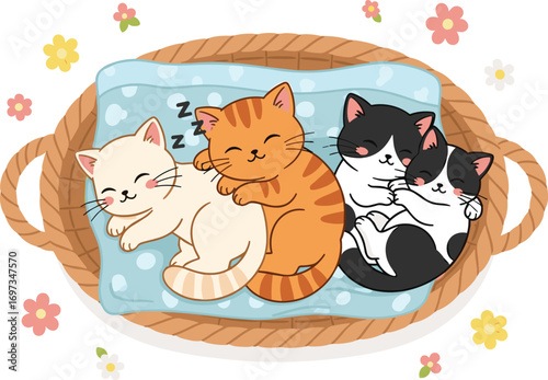 Three adorable kittens sleeping together in a cozy basket