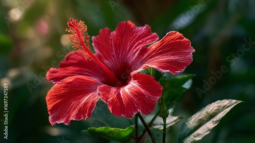 Capture the vibrant beauty of a red hibiscus flower in full bloom, radiating warmth and tropical elegance, perfect for summer promotions