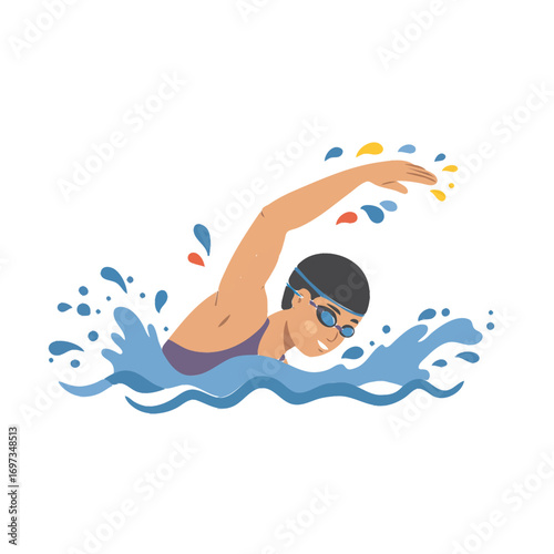 Swimmer in freestyle stroke swimming through the water cartoon illustration