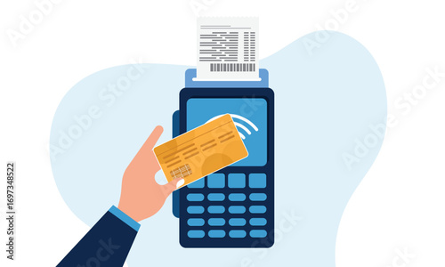 Human hand holding debit card close to the POS terminal to pay concept