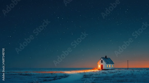 Minimalist Christmas night scene of a detached house with warmly lit windows, a deep blue background with delicate falling snow, and a long exposure starburst effect above the roof