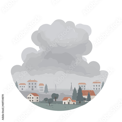 Cloudy Weather Over a Small Town with Houses, Trees and Green Landscape