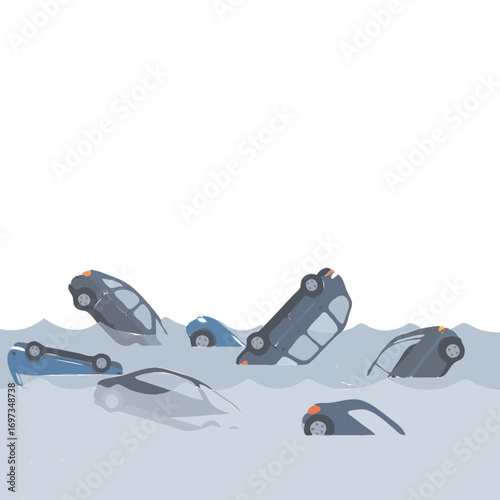Cars submerged in floodwater, environmental disaster, climate change, flooding concept