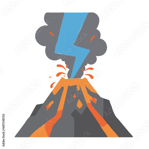 Volcano eruption with lightning strike and dark smoke vector illustration