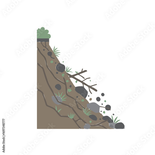 Landslide illustration, falling rocks and soil, natural disaster, erosion concept