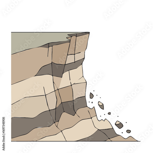 Cliff erosion with falling rocks, landscape illustration, geological damage concept