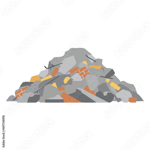 Pile of construction debris, demolition waste, building rubble, and trash on white background