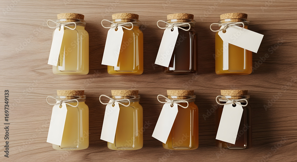 Fototapeta premium Blank-labeled kombucha bottles in homemade mockup, suitable for organic trends or design inspirations