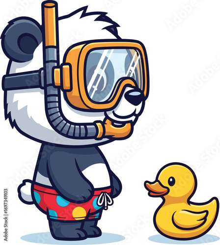 Cute cartoon panda wearing snorkeling gear with a rubber duck
