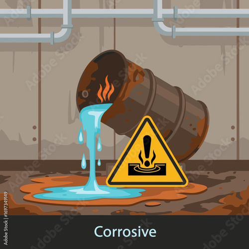 Leaking Corrosive Chemical Barrel in Industrial Setting