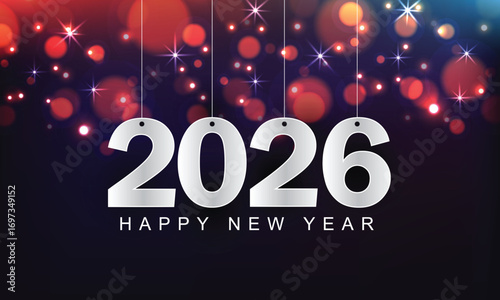Hanging 2026 sign with sparkling stars and bokeh background
