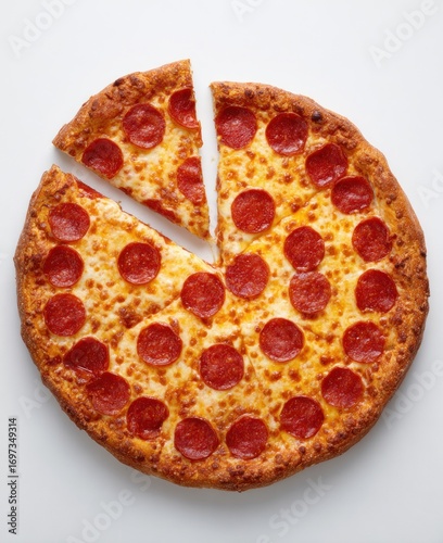 Overhead shot of a pepperoni pizza with two slices removed, revealing a crispy crust and melted cheese against a plain, bright background