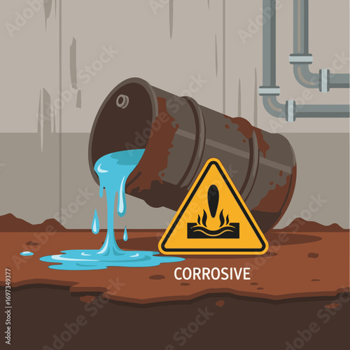 Rusty Barrel Leaking Corrosive Liquid onto Soil