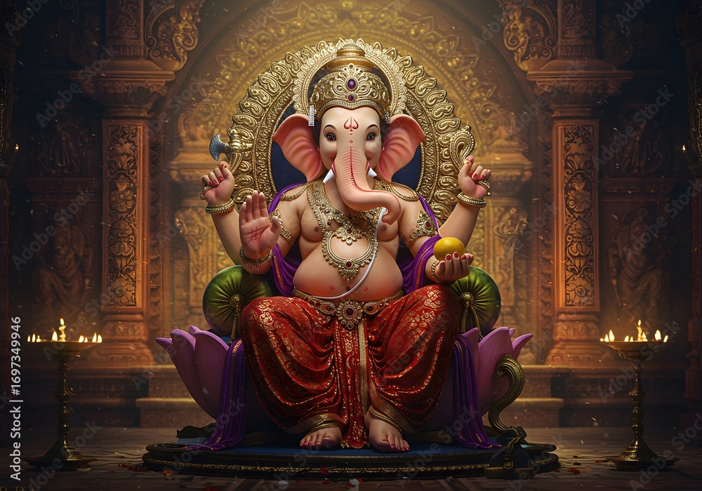 Fototapeta premium Colorful Lord Ganesha Statue Sitting in Ornate Temple with Traditional Decorations