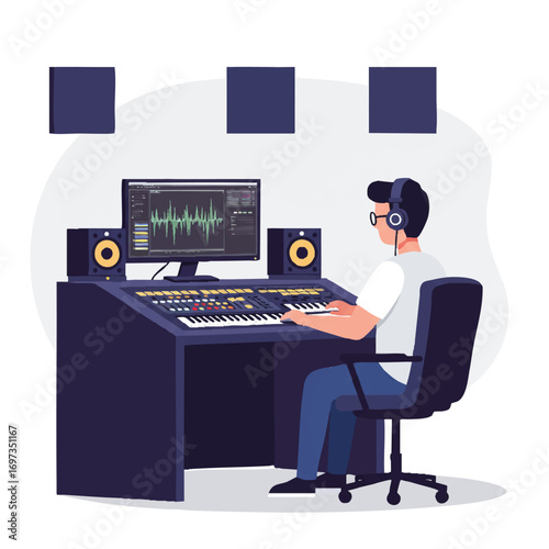 A vibrant 2D flat vector illustration shows a male music producer focused at his studio desk with headphones, a computer monitor displaying sound waves, and a mixing console.