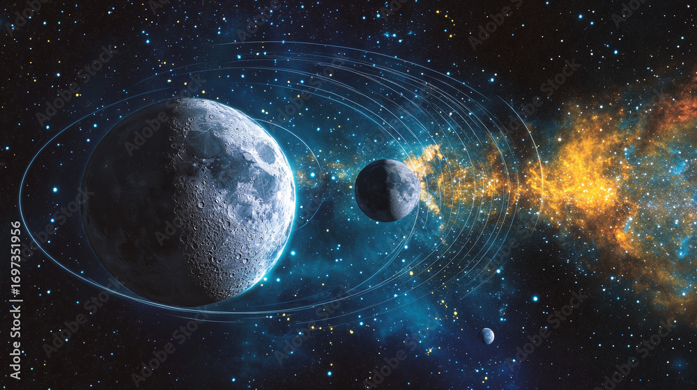 Obraz premium Surreal Artistic Illustration of Earth and Moon with Glowing Orbits and Vibrant Nebula Backdrop Featuring Crescent Phase