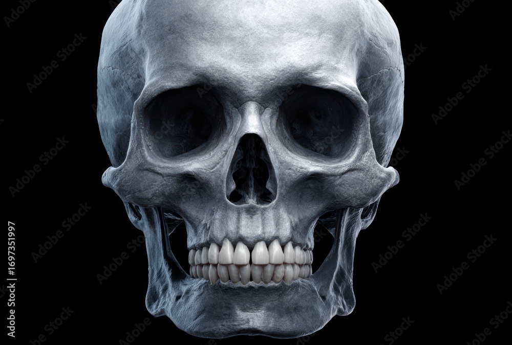 Fototapeta premium Realistic grey skull, starkly lit from above against black, frontal view, revealing teeth and eye sockets