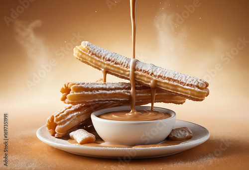 Churros with caramel dip on plate