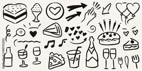 Hand drawn doodle elements of celebration food drinks and symbols for party design