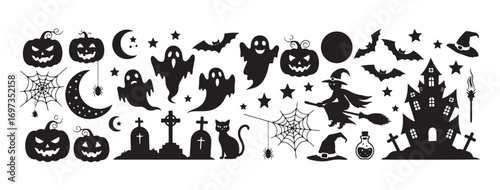 Halloween silhouette icons and characters. This set features black silhouettes of Halloween against a white background. Vector illustrations include pumpkins, ghosts, and magical decorative elements.