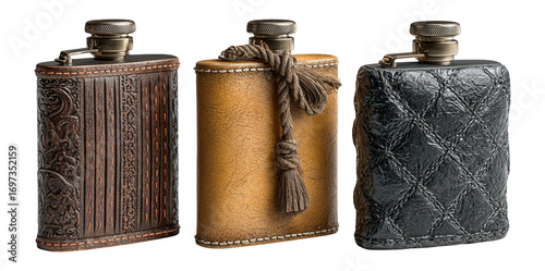 Elegant Leather Hip Flasks with Intricate Designs and Textures