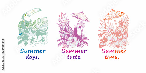 Tropical summer vibes featuring toucans pineapples and refreshing drinks with floral accents