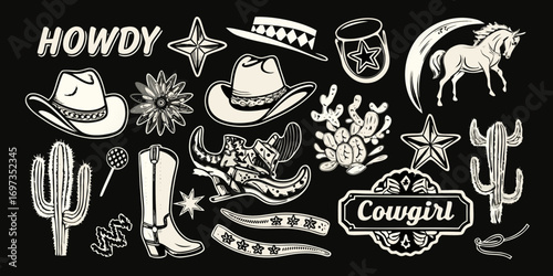 Western cowboy and cowgirl elements collection with howdy and horse illustration