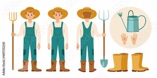 Farmer illustration showing front back and side views with gardening tools and accessories