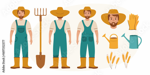 Collection of farmer characters and agricultural tools including a shovel pitchfork watering cans and wheat stalks