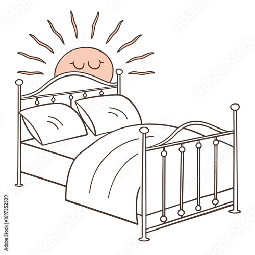 Illustration of a wrought iron bed with a rising sun behind it