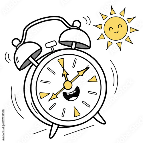 Vector art of cheerful alarm clock ringing with a smiling sun, signaling the start of a new day
