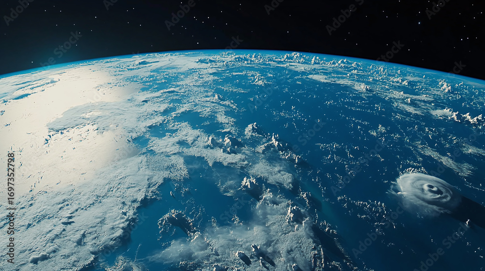 Fototapeta premium View from the Moon’s Surface Looking Back at Earth with Blue Oceans and White Clouds Against the Dark Vastness of Space