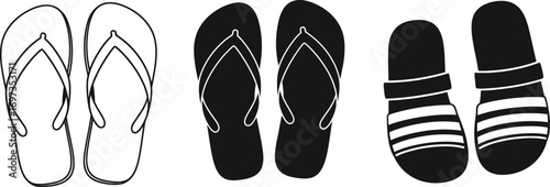 A collection of three pairs of footwear: outline flip-flops, black flip-flops, and striped sandals.