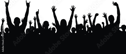 Excited crowd with hands raised in celebration, cheering at a concert or event