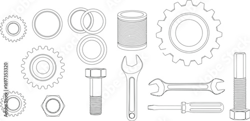 Collection of mechanical parts and tools, including gears, bolts, nuts, wrenches, and a screwdriver.