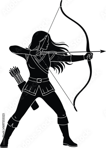 Focused female archer drawing bow, aiming with precision and strength for the target.