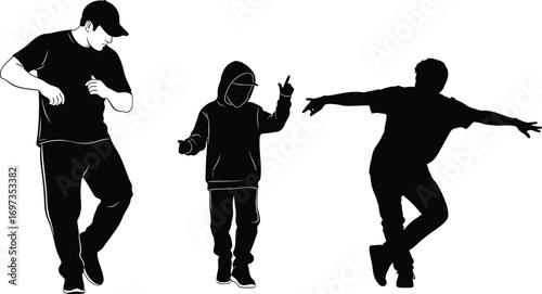 Dynamic silhouettes of three people dancing energetically with stylish moves