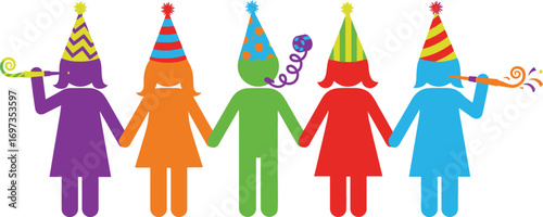 Diverse group of friends celebrating with party hats and noisemakers