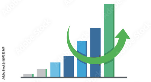 Bar chart showing upward trend with green arrow indicating growth.