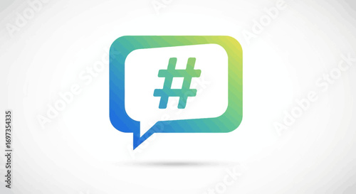 Hashtag symbol inside a speech bubble representing social media communication.