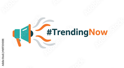 Megaphone icon with sound waves and Trending Now hashtag text.