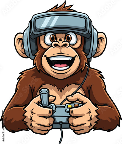 Happy monkey wearing vr headset playing video games