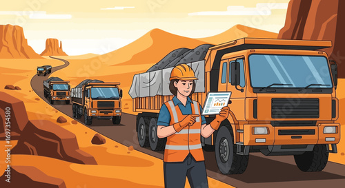Mining supervisor reviews transport data near trucks in a desert environment
