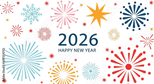Vibrant fireworks and snowflakes celebrate the arrival of 2026 Happy New Year.