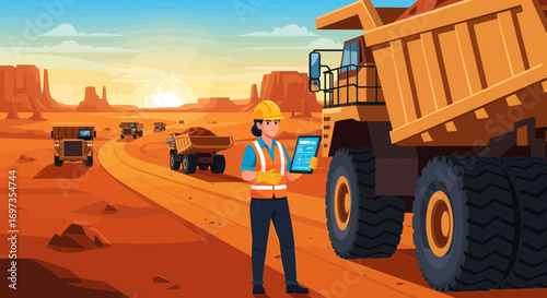 Cartoon depiction of a female mining engineer overseeing operations in a desert landscape