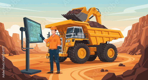 Cartoon illustration of a mining engineer reviewing data at a quarry site modern technology