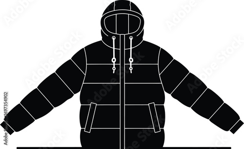 Warm, insulated puffer jacket with hood, perfect for cold weather adventures.